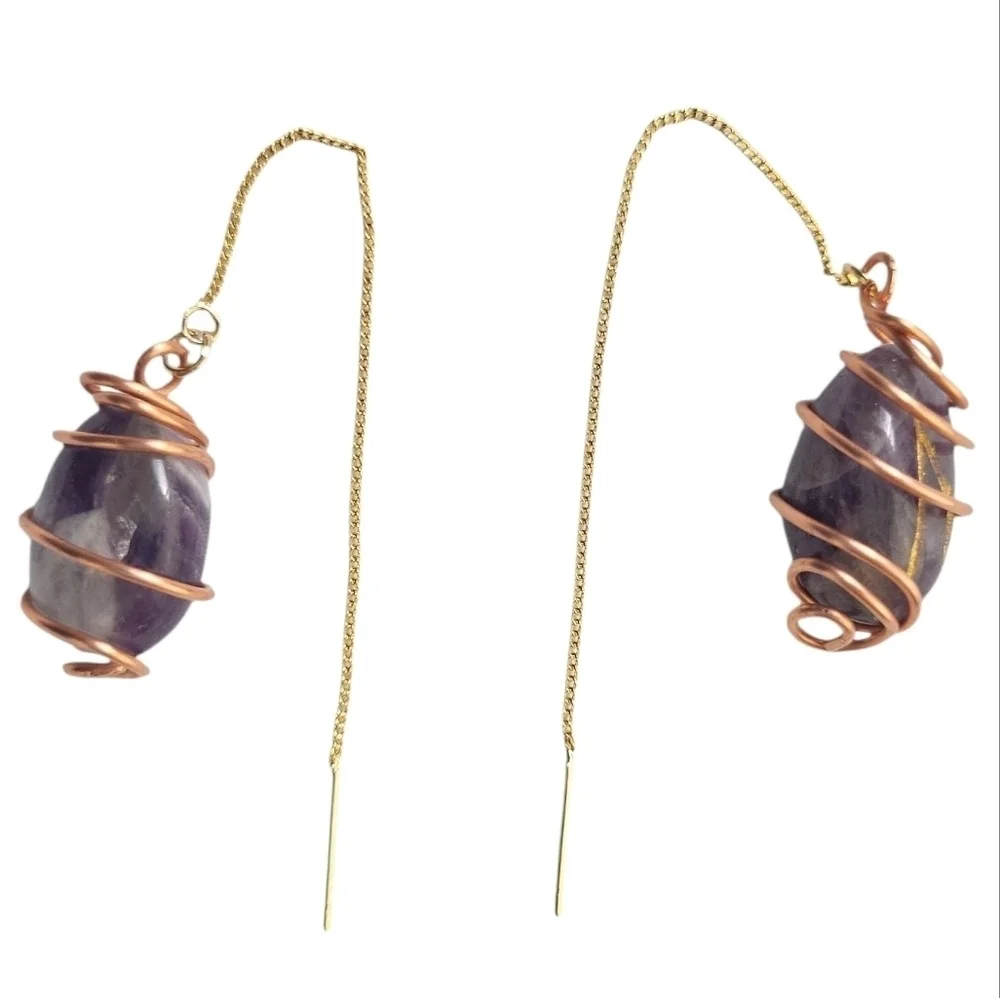 Amethyst Stud Earrings 18K Gold Plated Brass Copper Wire Wrapped Crystal Gemst